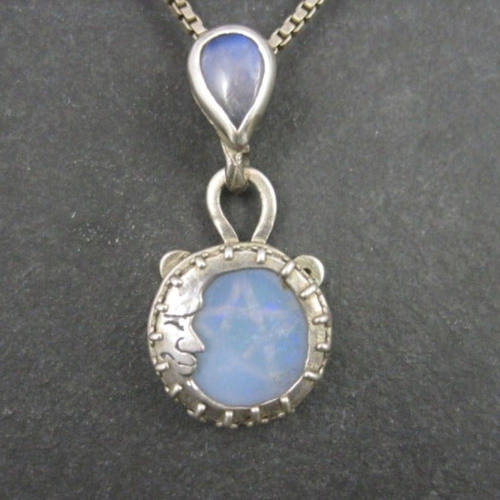 Sterling Opal Moon Hidden Pentagram Pendant Necklace One of a Kind